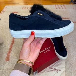 Salvatore Ferragamo Black Foxy Fur Mink Sneakers